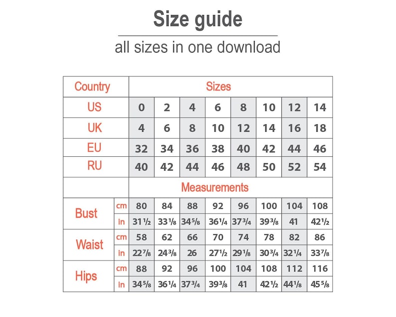 The image is a size guide that provides measurements for various clothing items such as bust, waist, hips, and sizes in different countries.