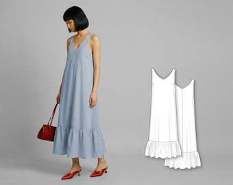 Women’s Ruffle Tiered Slip Dress Sewing Pattern, A-Line Sleeveless Maxi Midi Dress