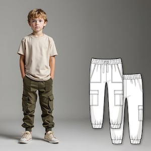 Kids Cargo Pants PDF Sewing Pattern, Military Style Joggers with Drawstring, Patch and Side Pockets, Easy DIY Track Pants