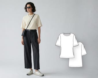 Women’s Boxy T-Shirt Sewing Pattern, Relaxed Fit Knit Top with Elbow Sleeves