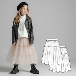 May include: A young person wearing a black beret, a black leather jacket, a white turtleneck sweater, a layered tulle skirt, and black combat boots. Two skirt design illustrations are in the background.
