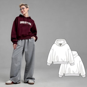 May include: A person wearing a burgundy hoodie with the text "DRESS SY LIK" in white, paired with grey sweatpants and trainers. A fashion illustration of a white hoodie is also shown.