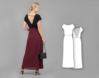 Women’s Backless Dress Sewing Pattern, Boat Neck A-Line Maxi for Wedding Guest