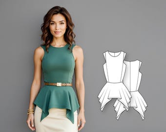 May include: A teal sleeveless top with a peplum design, worn with a tan belt and a cream skirt. A gold bracelet is visible. A technical drawing of the top is on the right.