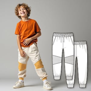 Puede incluir: Un niño lleva una camiseta naranja y un pantalón deportivo color crema con detalles amarillos. La imagen también muestra un dibujo lineal de dos pantalones deportivos.