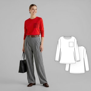 Puede incluir: Una mujer con una camisa roja de manga larga con bolsillo y pantalones grises. Sostiene un bolso tote negro. Un dibujo lineal de la camisa está en el fondo.
