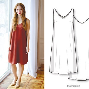 Simple silk slip A-line midi dress for beginners - PDF sewing pattern for women
