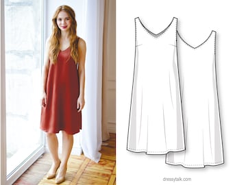 Simple silk slip A-line midi dress for beginners - PDF sewing pattern for women