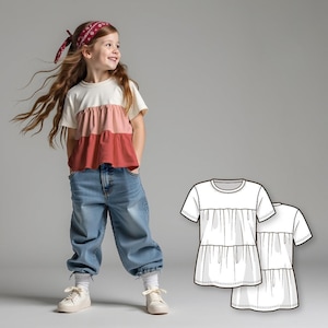 Girls Ruffle T-Shirt Sewing Pattern PDF, Beginner Kids Tee Pattern, Easy Digital Sewing Pattern, Printable T-Shirt for Girls