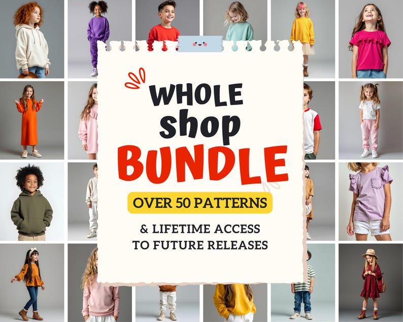 The image is a collage of various children's clothing and accessories, including hoodies, dresses, and shorts, arranged in a grid-like pattern.