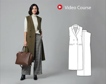 Women’s Waistcoat Sewing Pattern with Video Tutorial, Double Breasted Sleeveless Coat