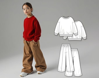 Girls Sweatshirt and Wide Pants Sewing Pattern PDF, Beginner Sewing Pattern for Kids, Easy Digital Pattern, Pants Kids Pattern Download