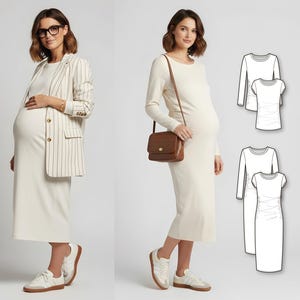May include: Two women wearing cream-colored maternity dresses. One is wearing a striped blazer and glasses, the other a brown purse. The dresses are long-sleeved and have a fitted silhouette. Line drawings of similar dresses are also shown.