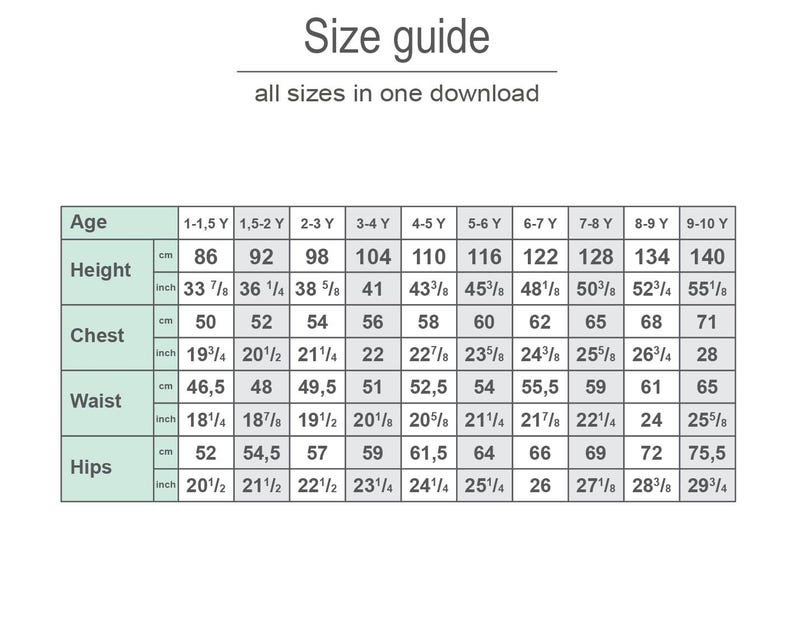 The image is a size guide that provides measurements for various age groups, including height, chest, waist, and hips. It includes measurements for children aged 1-5, 3-4, 5-6, and 7-8 years old, as well as measurements for children aged 9-10 years old. The guide provides both height and width measurements, allowing for a more accurate representation of the child's size.