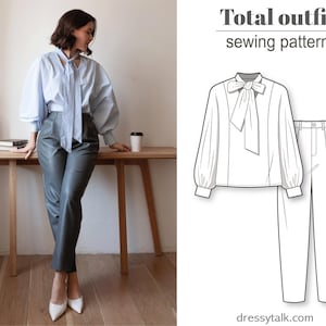 2 in 1 - Save 20% - High waist baggy pants and puff gathered long sleeve oversize woven shirt blouse - PDF sewing pattern for women