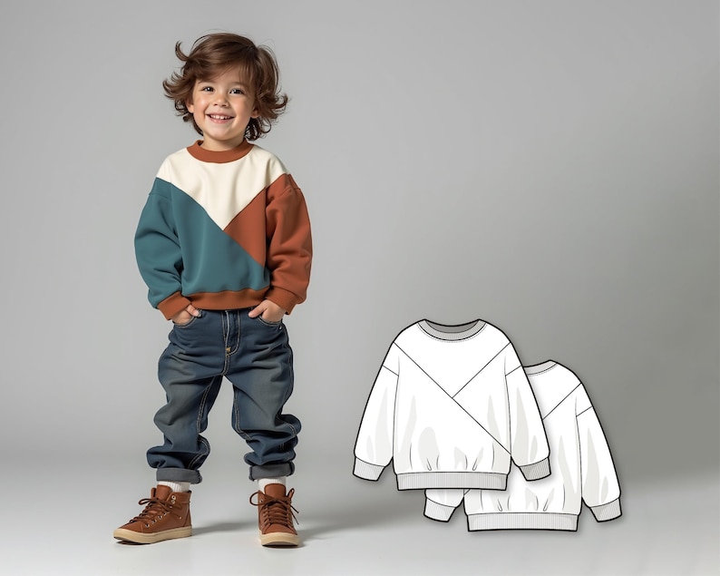Jungen Colorblock Sweatshirt Schnittmuster PDF, Anfänger Kinder Sweatshirt Muster, Einfaches Nähen Digital Pattern, druckbare PDF Bild 1