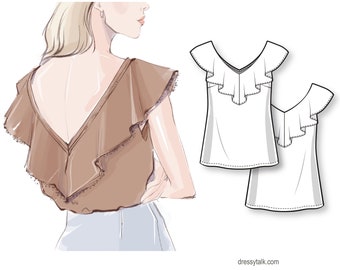 Easy to sew woven blouse/top with V-shape flounce neckline - PDF sewing pattern for women