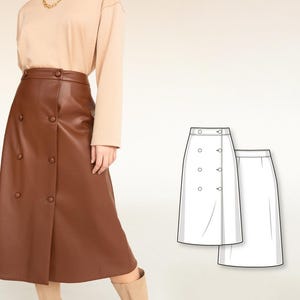 Falda midi cruzada de doble botonadura con corte en A y botones - Patrón de costura en PDF para mujer