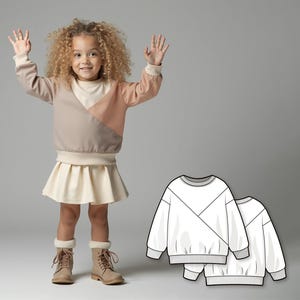 Patrón de costura de sudadera con bloques de color para niñas (PDF), patrón de sudadera para niños principiantes, patrón digital de costura fácil, PDF imprimible