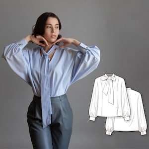 Shirt oversize blouse with puff sleeves and a bow tie collar - PDF sewing pattern for women