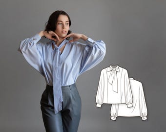 Oversized overhemdblouse met pofmouwen en vlinderstrikkraag - pdf-naaipatroon voor dames