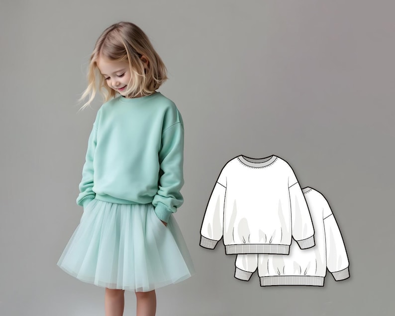 Kinder Sweatshirt PDF Schnittmuster, DIY Pullover, Anfänger-freundliches PDF, Printable Oversized Top, Unisex Mädchen Kinder Loungewear Bild 1
