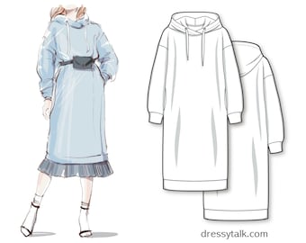 Sweatshirt Dress Sewing Pattern - Long Dress Patterns With Sleeves - Hoodie Pattern PDF - Hoodie Dress Pattern - Women's Sweatshirt Pattern