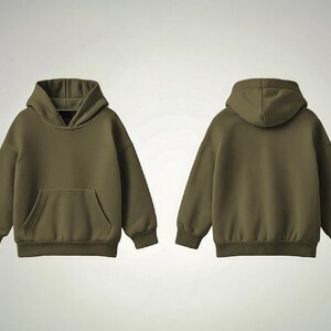 May include: Olive green hoodie with a front pocket and a hood, displayed from the front and back. The sweatshirt has long sleeves and a ribbed hem and cuffs. The fabric appears to be a soft, medium-weight material.
