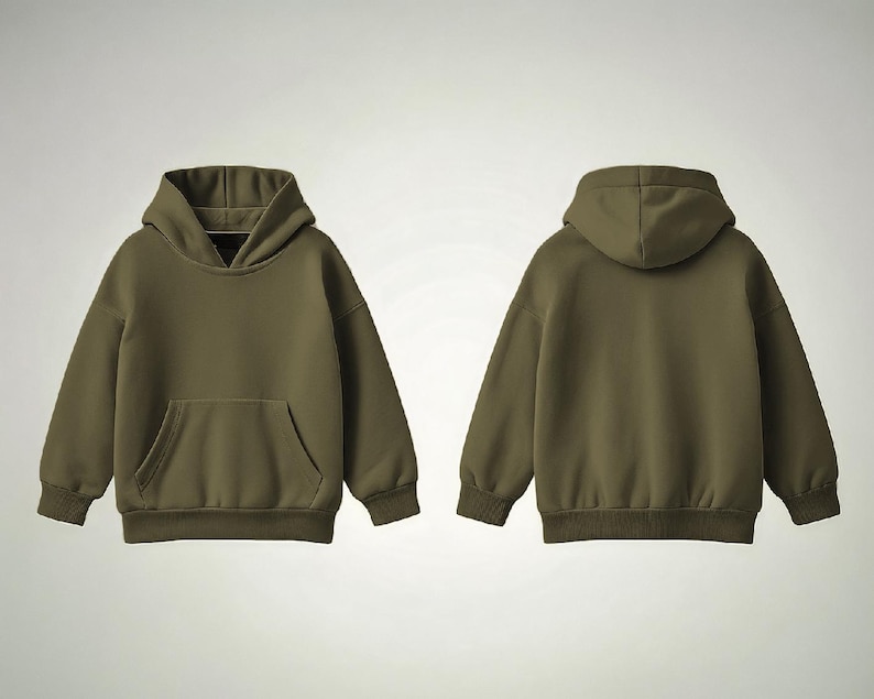 May include: Olive green hoodie with a front pocket and a hood, displayed from the front and back. The sweatshirt has long sleeves and a ribbed hem and cuffs. The fabric appears to be a soft, medium-weight material.