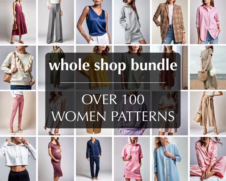 The image is a collage of various women's clothing and accessories, including tops, bottoms, dresses, and handbags, arranged in a grid format.