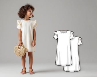 Girls A-Line T-Shirt Dress PDF Sewing Pattern, Short Sleeve Casual Ruffle Dress, Easy DIY Beginner Sewing Pattern for Kids