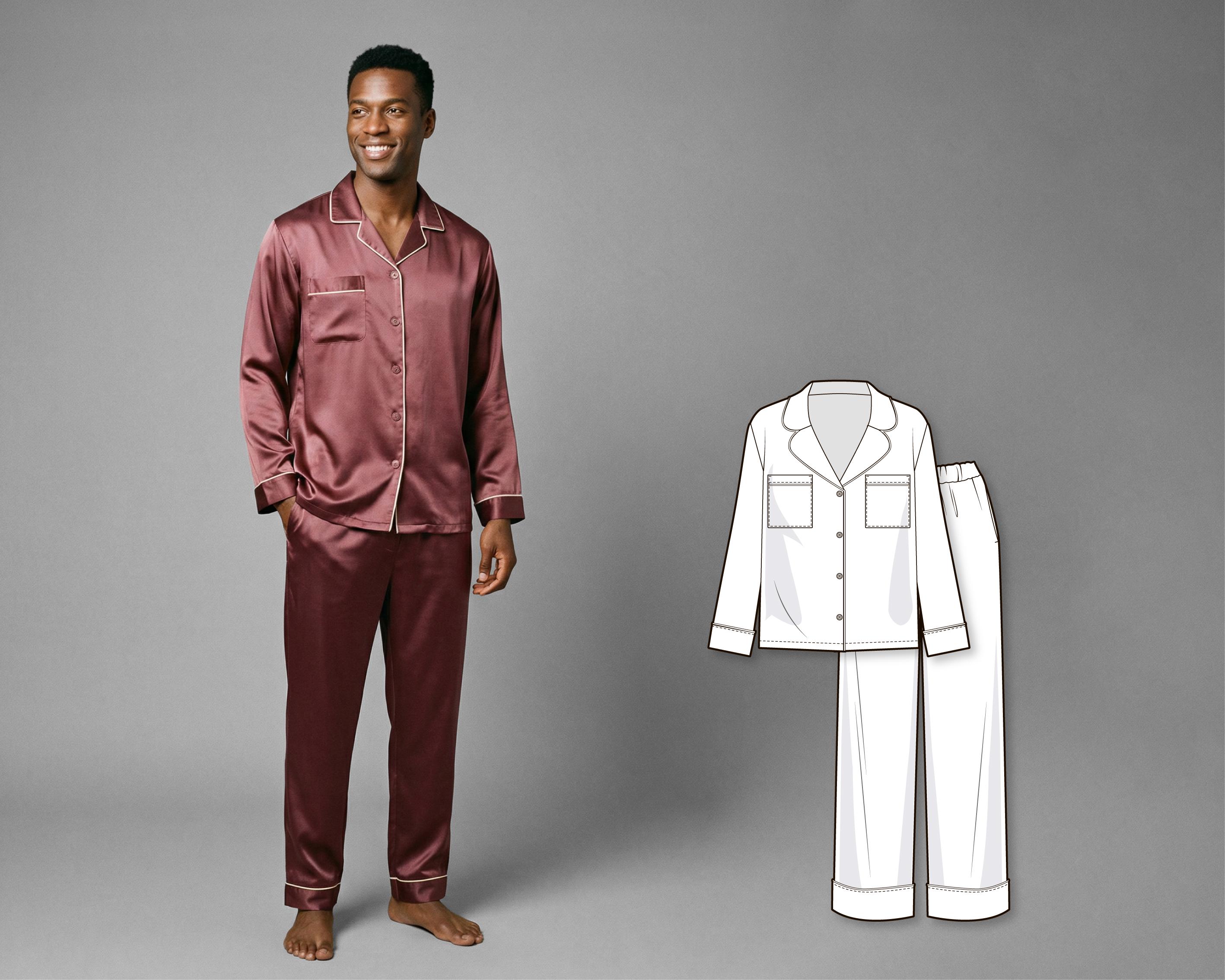 Men’s Pajama Sewing Pattern, Button Down Shirt and Elastic Waist Pants ...