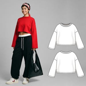 Könnte beinhalten: Ein rotes, gecropptes Sweatshirt mit langen Ärmeln, kombiniert mit schwarzer Cargohose und weißen Turnschuhen. Eine schwarze Tragetasche wird gehalten. Zwei weiße Sweatshirt-Designs werden auf grauem Hintergrund gezeigt.