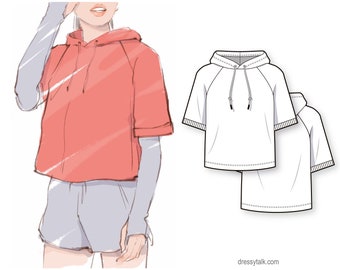 Short raglan sleeve hoodie - PDF sewing pattern for women