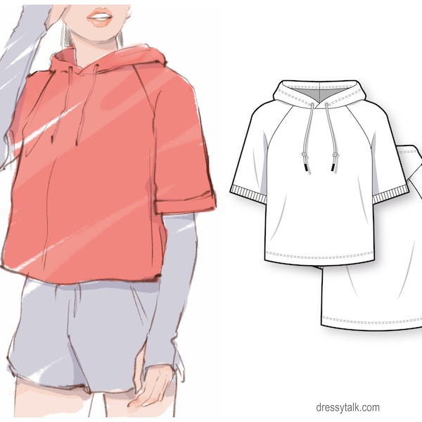 Short raglan sleeve hoodie - PDF sewing pattern for women