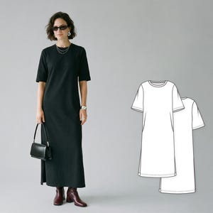 May include: A black, short-sleeved dress with a side slit, worn with a black purse and burgundy boots. A line drawing of a similar dress is shown on the right.