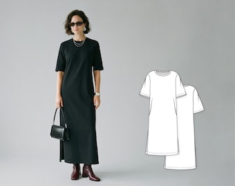 Women’s Maxi T-Shirt Dress Sewing Pattern, Elbow Length Sleeve Dress with Side Slit