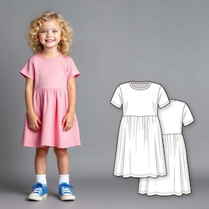 Girls T-Shirt Dress Sewing Pattern, Short Sleeve Gathered Waist Knee Length Dress, Easy DIY Beginner PDF for Kids and Toddlers