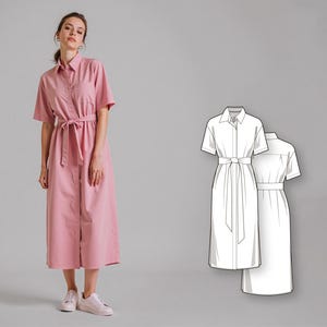Patrón de vestido camisero - Patrones de costura en PDF - Patrón de vestido de manga larga - Patrones de costura descargables - Patrones de vestidos de diseñador - Ideas de costura