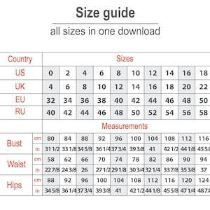 May include: A size guide chart with measurements in inches and centimeters. The chart includes size conversions for US, UK, EU, and RU sizes, with bust, waist, and hip measurements. The text "Size guide" and "all sizes in one download" are at the top.