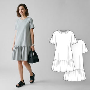 May include: A light gray, short-sleeved dress with a V-neck and a ruffled hem. The dress is paired with black sandals and a black handbag. A line drawing of the dress is also shown.