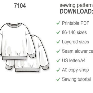 Kinder Sweatshirt PDF Schnittmuster, DIY Pullover, Anfänger-freundliches PDF, Printable Oversized Top, Unisex Mädchen Kinder Loungewear Bild 4