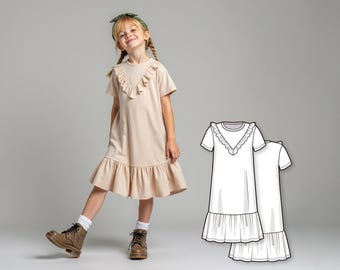Mädchen Kleid mit Rüschen Schnittmuster PDF, Anfänger Kinder Kleid Schnittmuster, einfaches digitales Schnittmuster, druckbares Kleid für Kinder