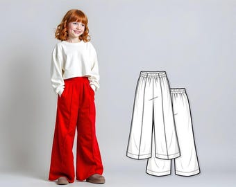 Padrão de costura de calças de perna larga para crianças em PDF, calças de cintura elástica faça você mesmo, calças palazzo soltas e fluidas para iniciantes para meninas