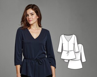 Women’s Flounce Blouse Sewing Pattern, V-Neck Top with Long Flared Sleeves