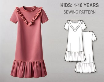 Regular fit A-line t-shirt dress for girls with ruffled front yoke and hem ruffle - PDF sewing pattern for kids - age 1-10 years