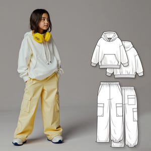 Mädchen Hoodie und breite Cargohose Schnittmuster Bundle PDF, einfache Anfänger Muster für Kinder, digitale Muster nähen Download