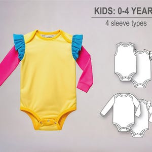 Baby girl or boy romper/bodysuit/onesie with flutter sleeve ruffle, long and short sleeve - Baby knit clothes PDF sewing pattern