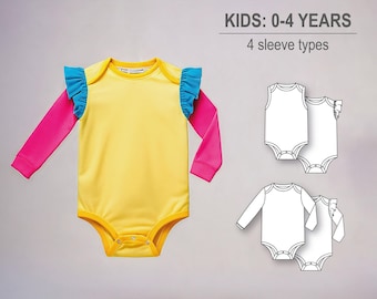 Baby girl or boy romper/bodysuit/onesie with flutter sleeve ruffle, long and short sleeve - Baby knit clothes PDF sewing pattern
