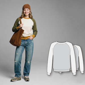May include: A woman wearing a brown beanie, a raglan sweatshirt with olive green sleeves, and distressed blue jeans. She carries a brown tote bag. A line drawing of a raglan sweatshirt is on the right.